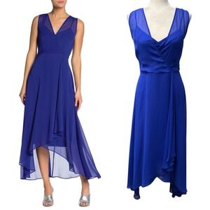 Calvin Klein Womens Formal Dress Size 10 Dusty Royal Blue Faux Wrap Asymmetrical